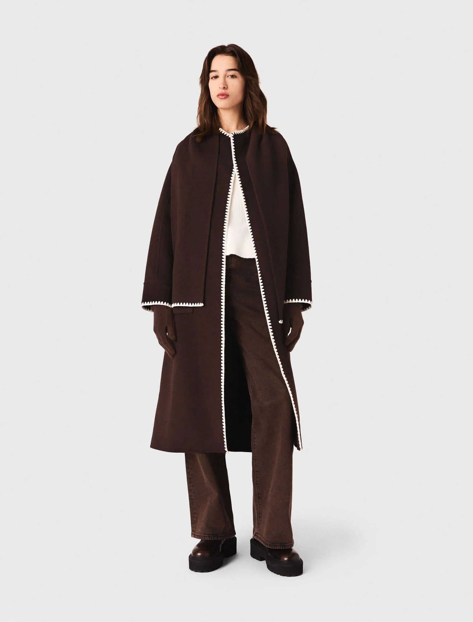 Embroidered double-faced coat Dark Brown