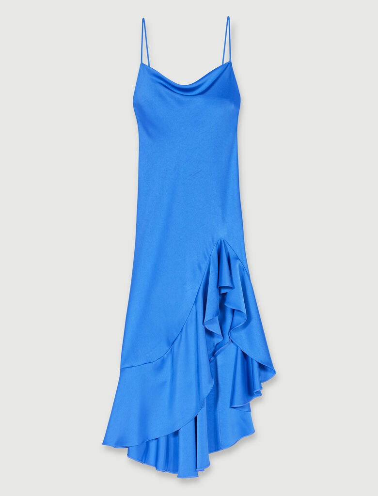 Blue-Asymmetric satin-effect maxi dress