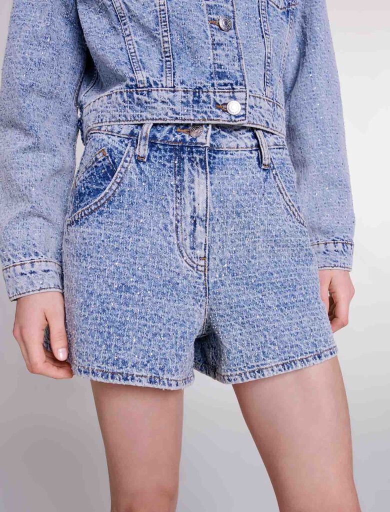 Blue-Diamante and jacquard denim shorts