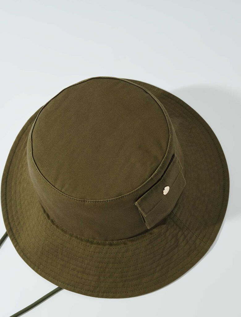 Khaki-Beaded drawstring bucket hat