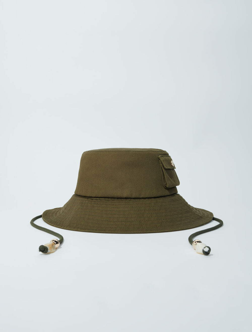 Khaki-featured-Beaded drawstring bucket hat