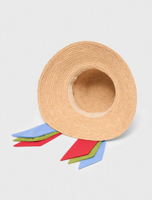 Raffia hat with printed ribbon Natural