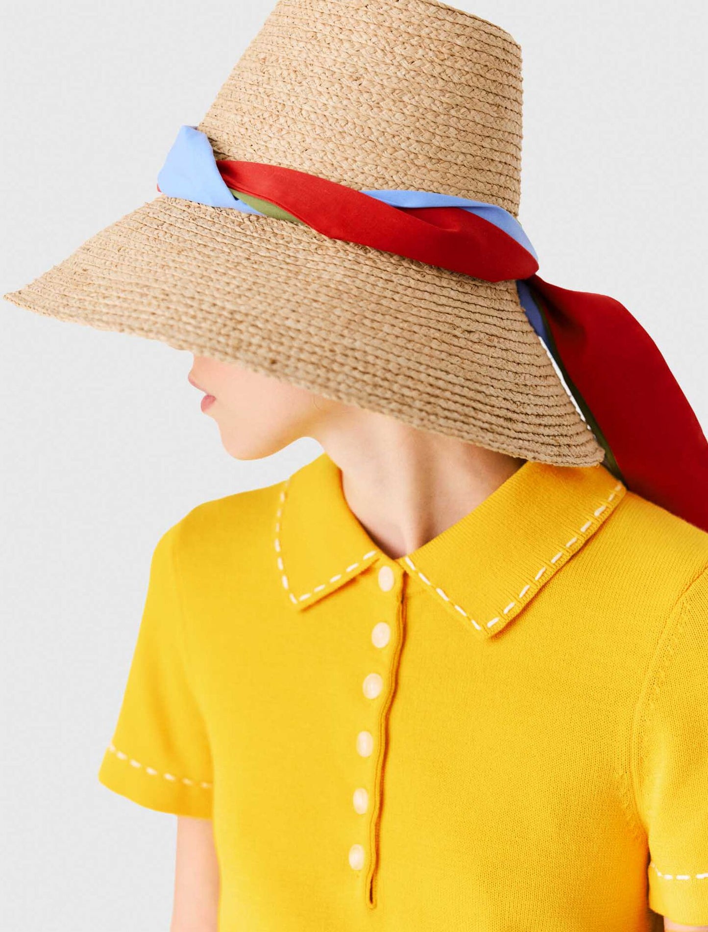 Raffia hat with printed ribbon Natural