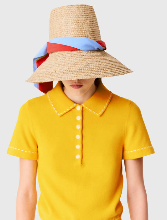 Raffia hat with printed ribbon Natural