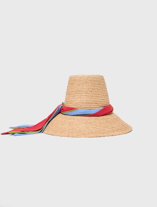 Raffia hat with printed ribbon Natural