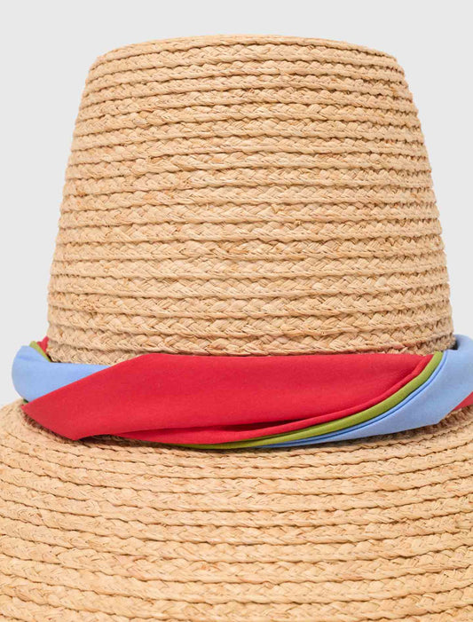 Raffia hat with printed ribbon Natural