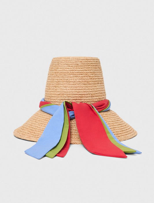 Raffia hat with printed ribbon Natural