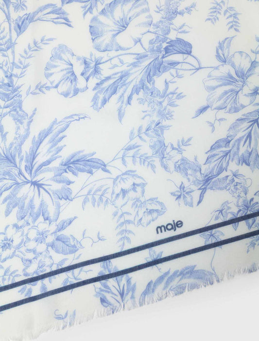 Floral Print Wool Blend Shawl White/Blue