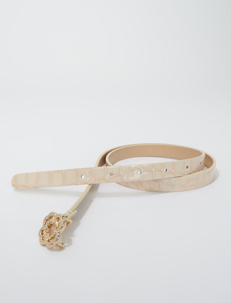 Glossy Beige-Patent Leather Clover Belt