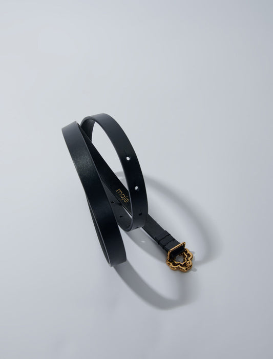 Black  -Narrow black leather belt gold buckle
