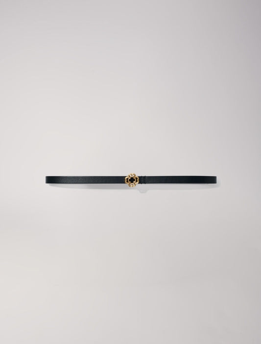 Black  -Narrow black leather belt gold buckle