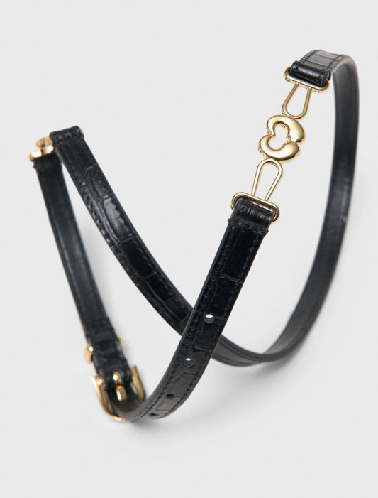 Slim Croc-Effect Leather Belt Black