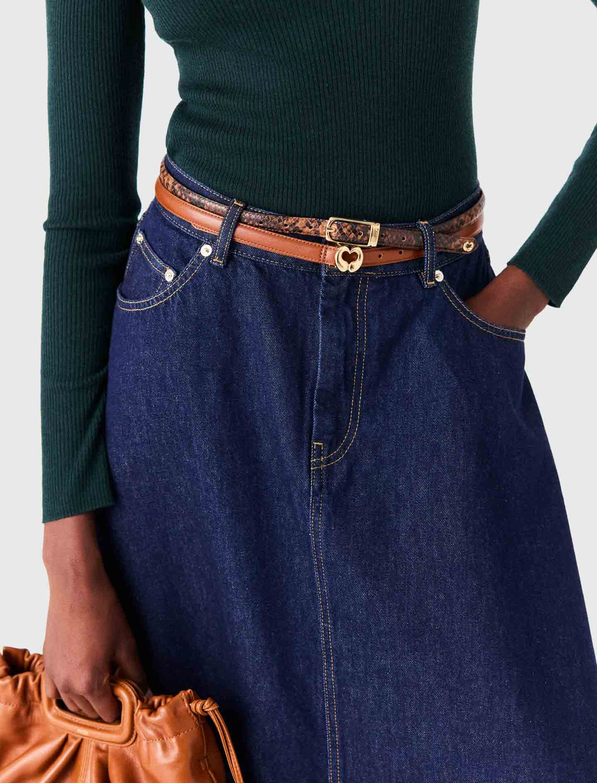 Slim embossed leather belt Brown Snake Print