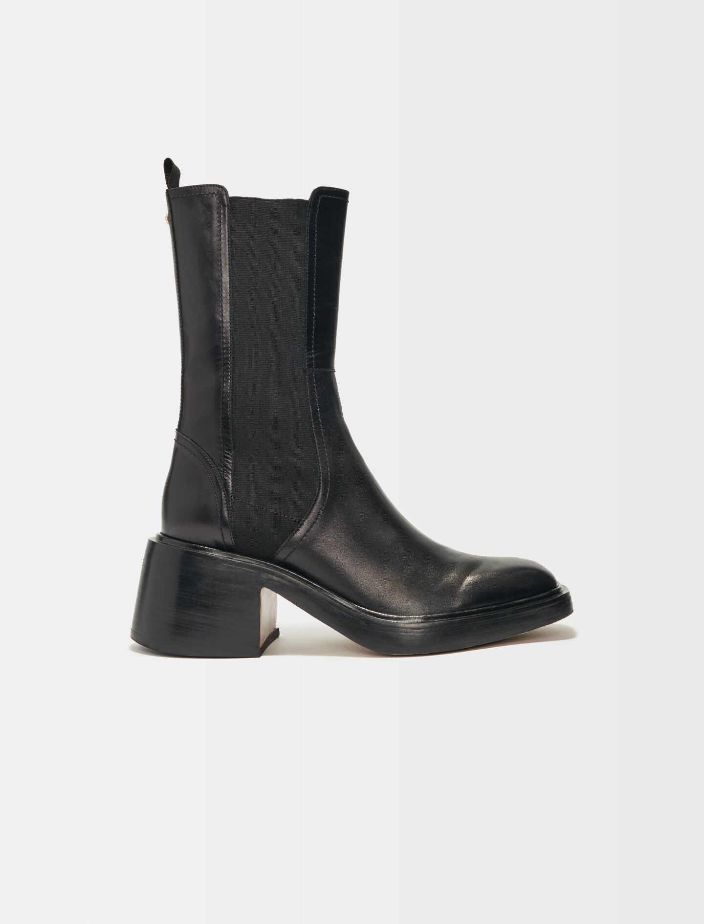 Black-featured-black leather ankle boots and square toe