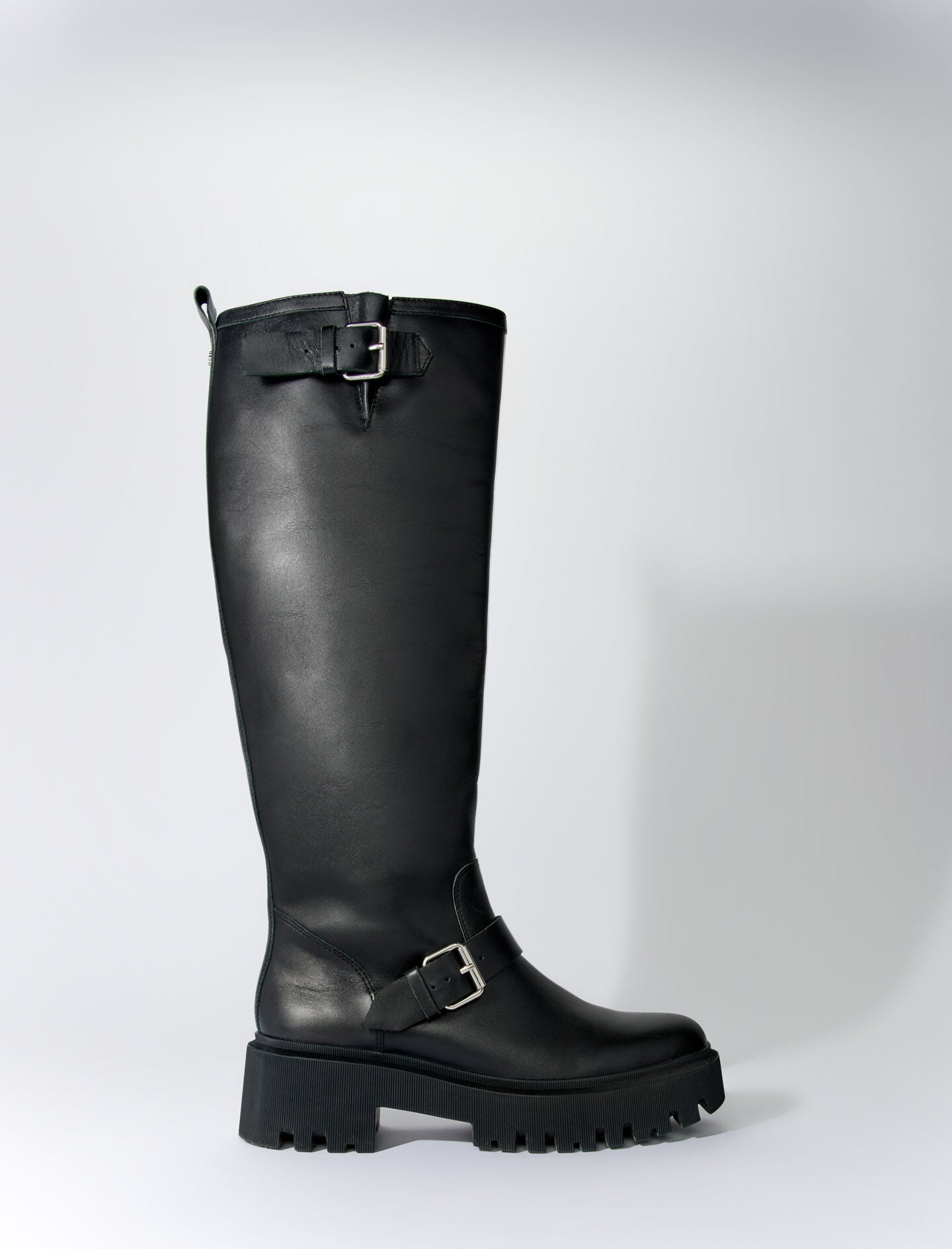 Black-featured-biker boots in smooth leather