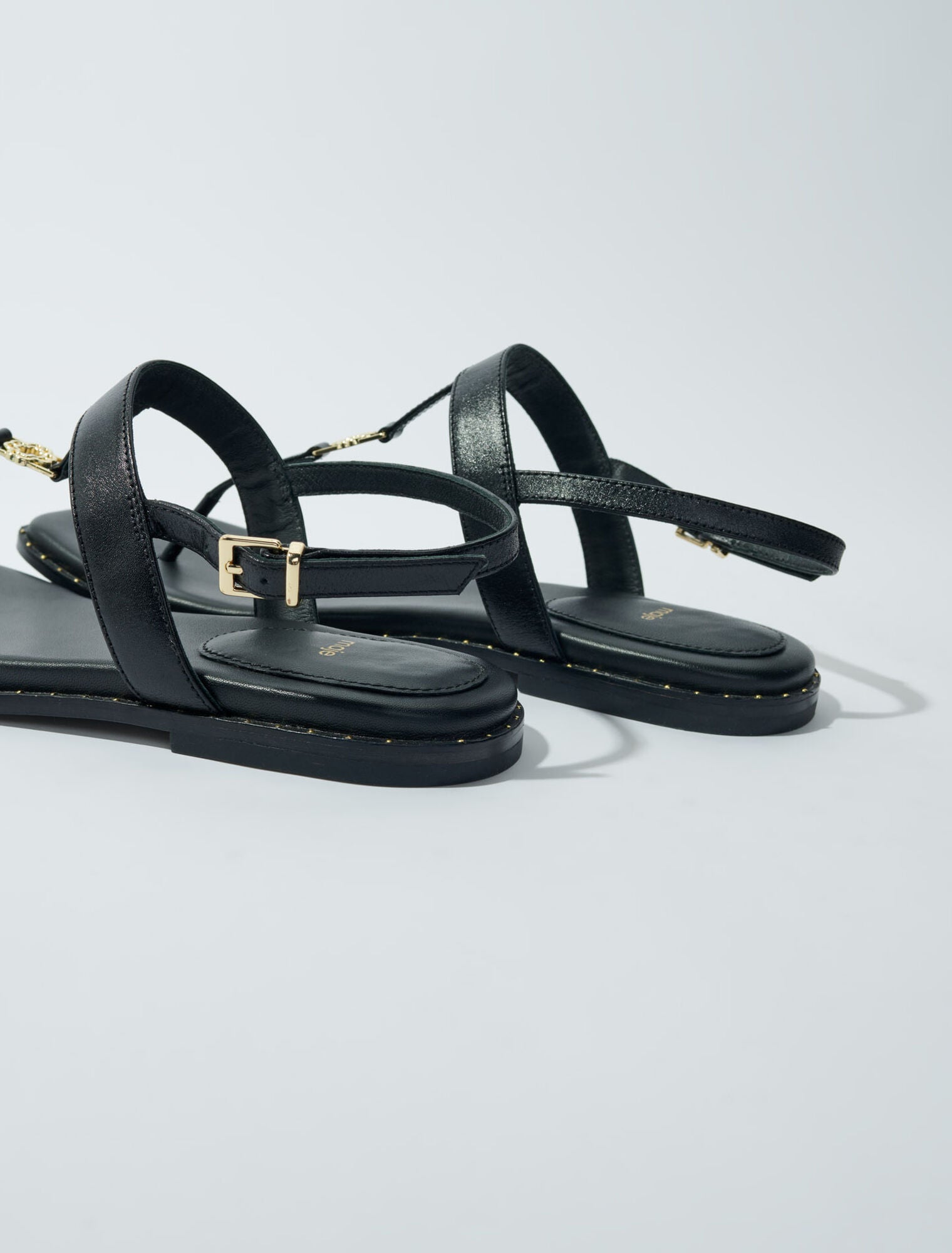 Black-Flat leather strap sandals