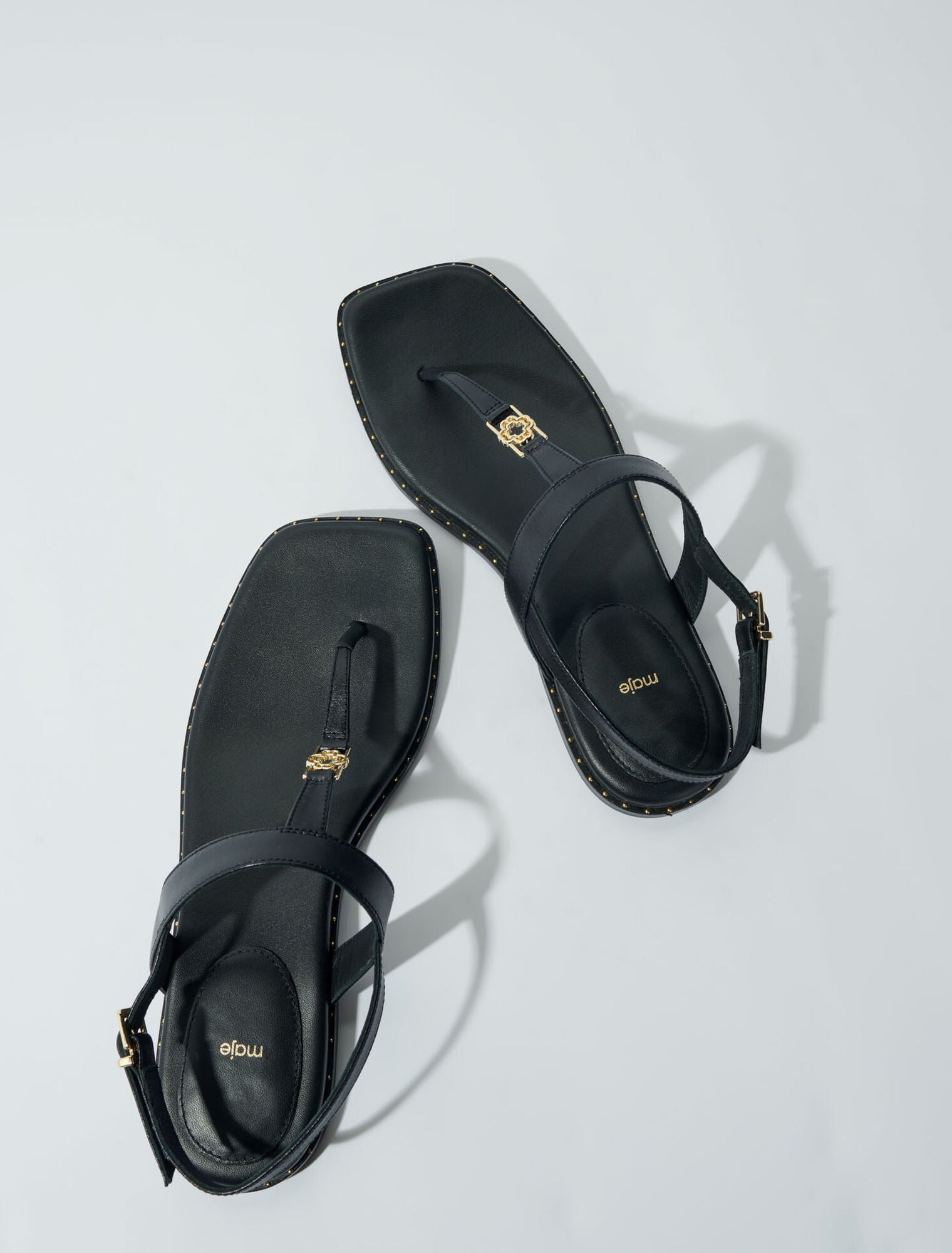 Black-Flat leather strap sandals