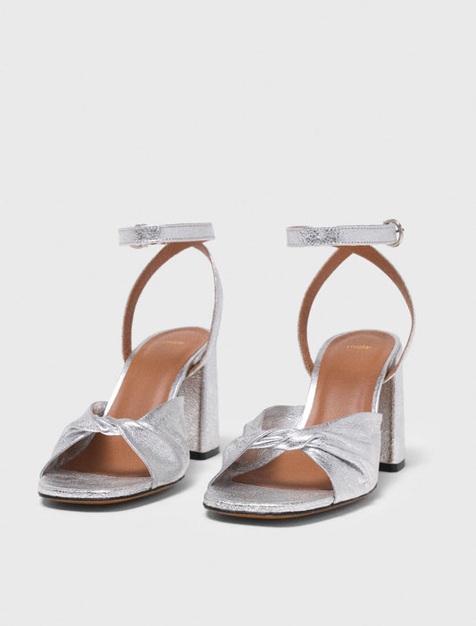 Metallic Leather Sandals With Heels Silvery