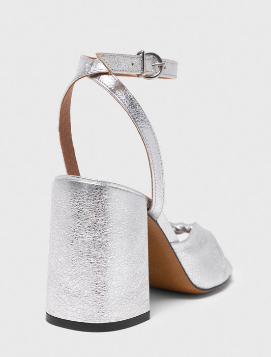 Metallic Leather Sandals With Heels Silvery