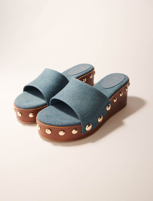 blue jean-Denim studded wedge mules