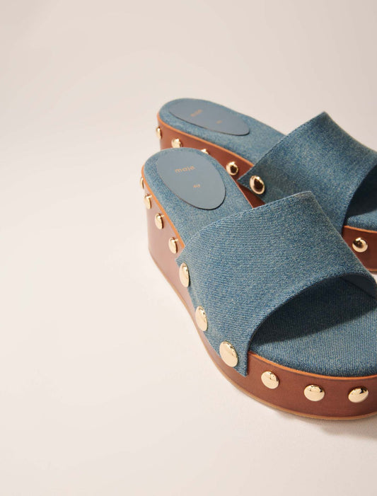 blue jean-Denim studded wedge mules