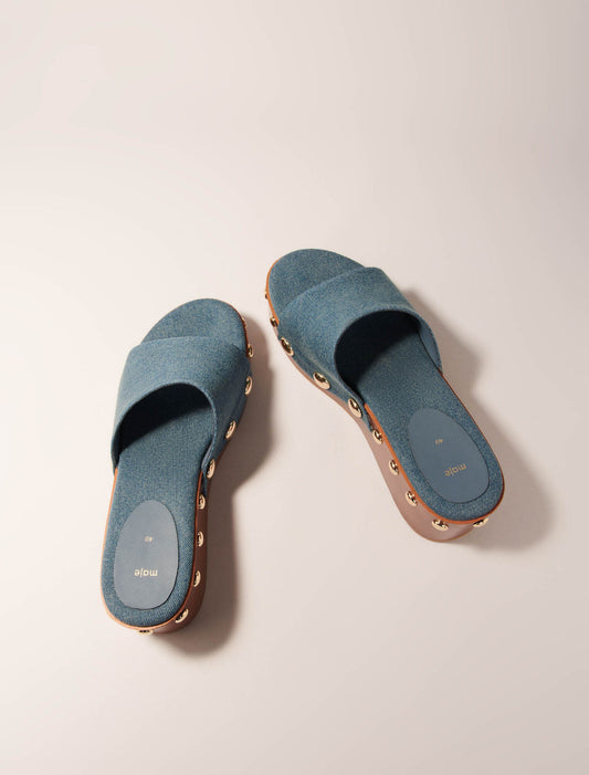blue jean-Denim studded wedge mules