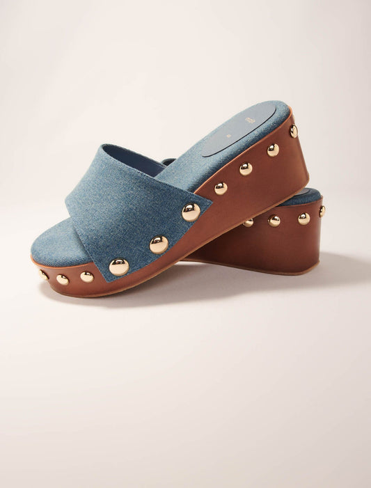 blue jean-Denim studded wedge mules