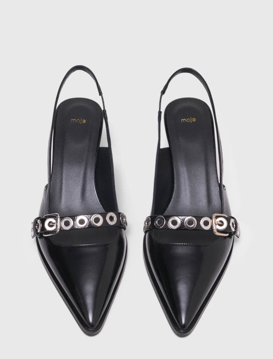 Leather Pumps With Eyelet Strap BLACK
