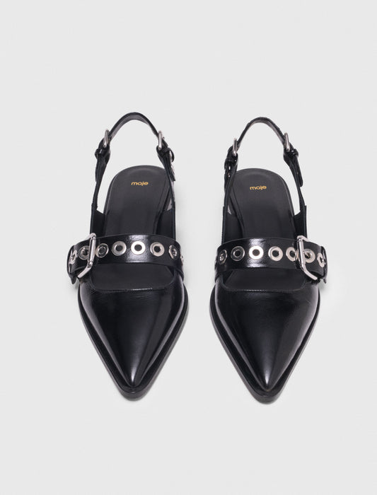 Flat Leather Strap Slingbacks BLACK