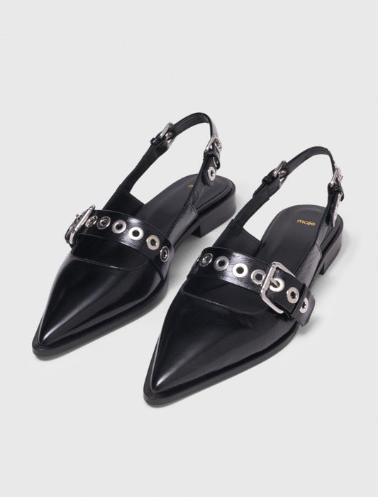 Flat Leather Strap Slingbacks BLACK