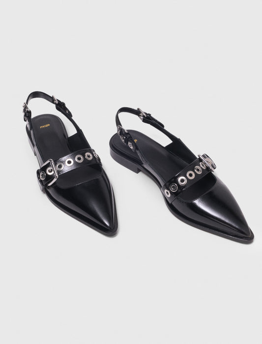 Flat Leather Strap Slingbacks BLACK