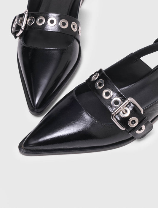 Flat Leather Strap Slingbacks BLACK