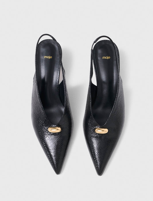 Pointed embossed leather slingbacks Black