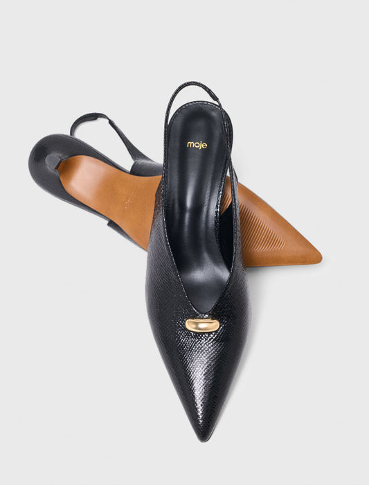 Pointed embossed leather slingbacks Black