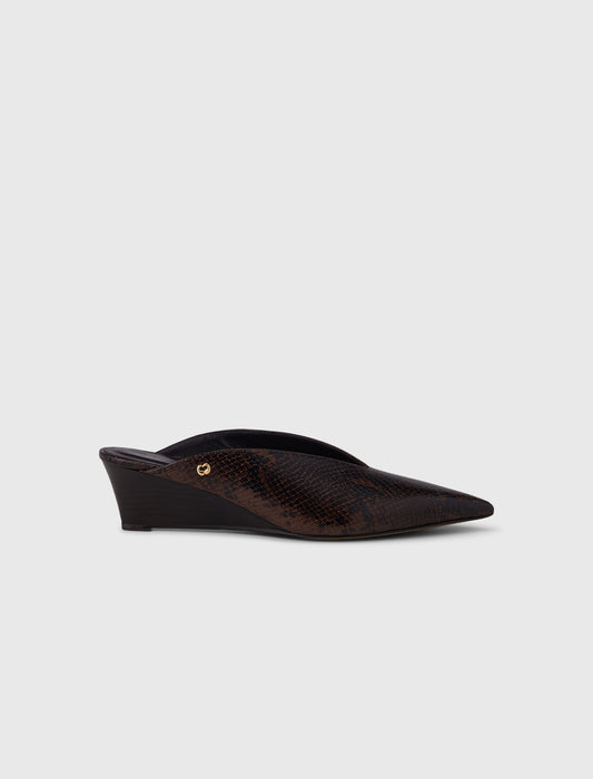Embossed leather wedge mules Brown Snake Print