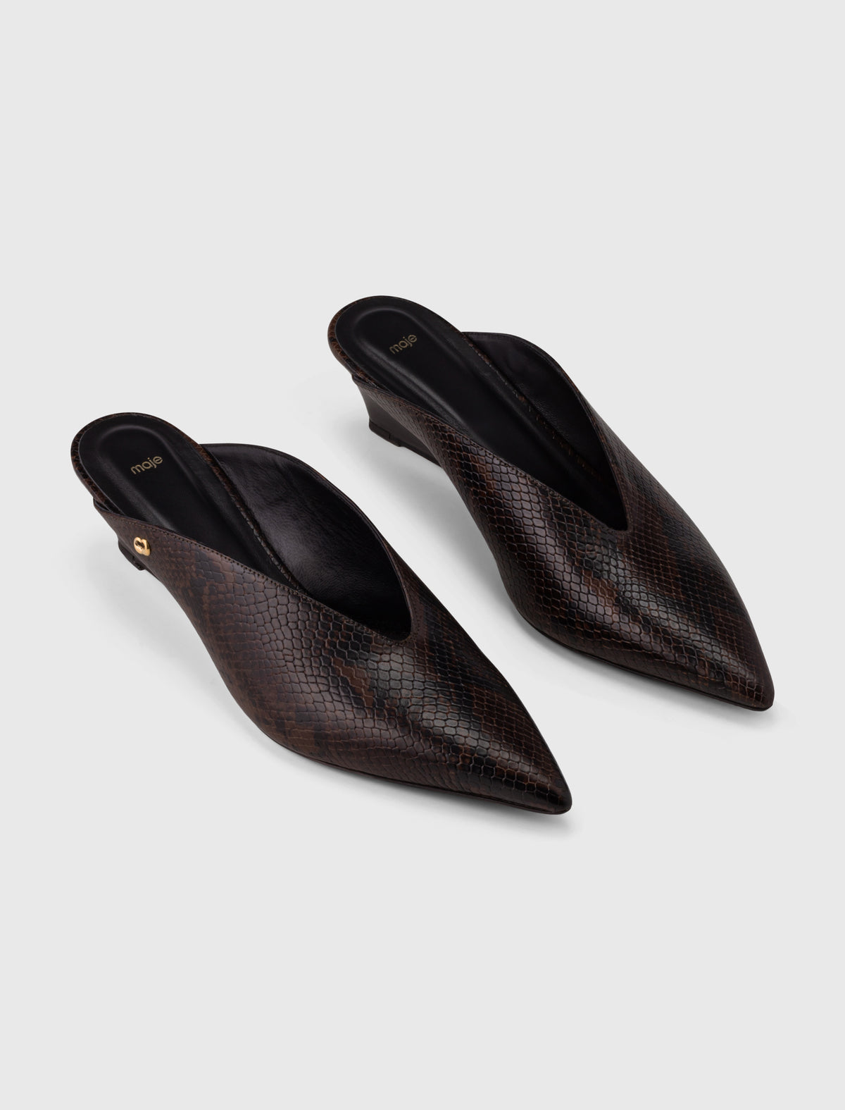 Embossed leather wedge mules Brown Snake Print