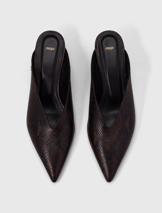 Embossed leather wedge mules Brown Snake Print