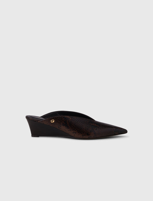 Embossed leather wedge mules Brown Snake Print