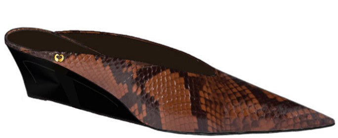 Embossed leather wedge mules Brown Snake Print