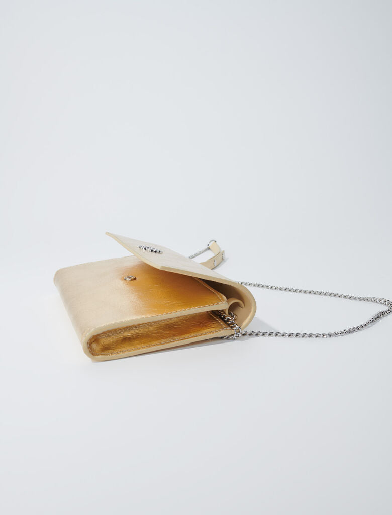 Gold-Leather clutch bag with chain