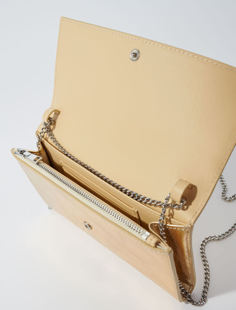 Gold-Leather clutch bag with chain