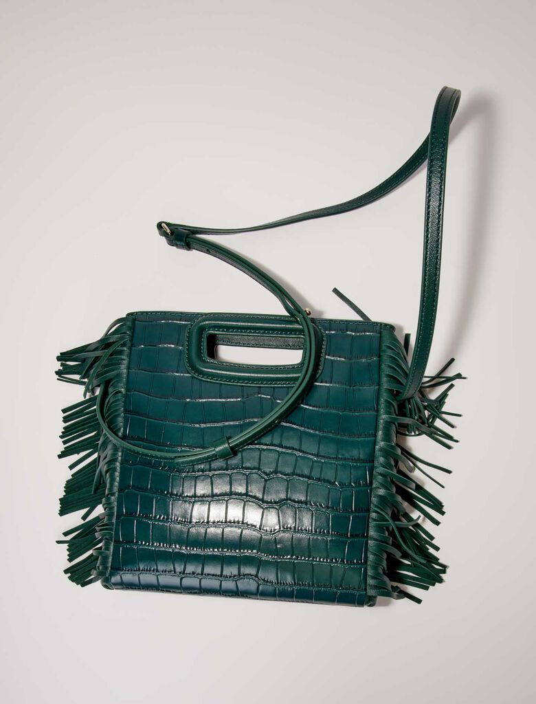 Bottle Green CROCO-EFFECT LEATHER M BAG WITH FRINGING