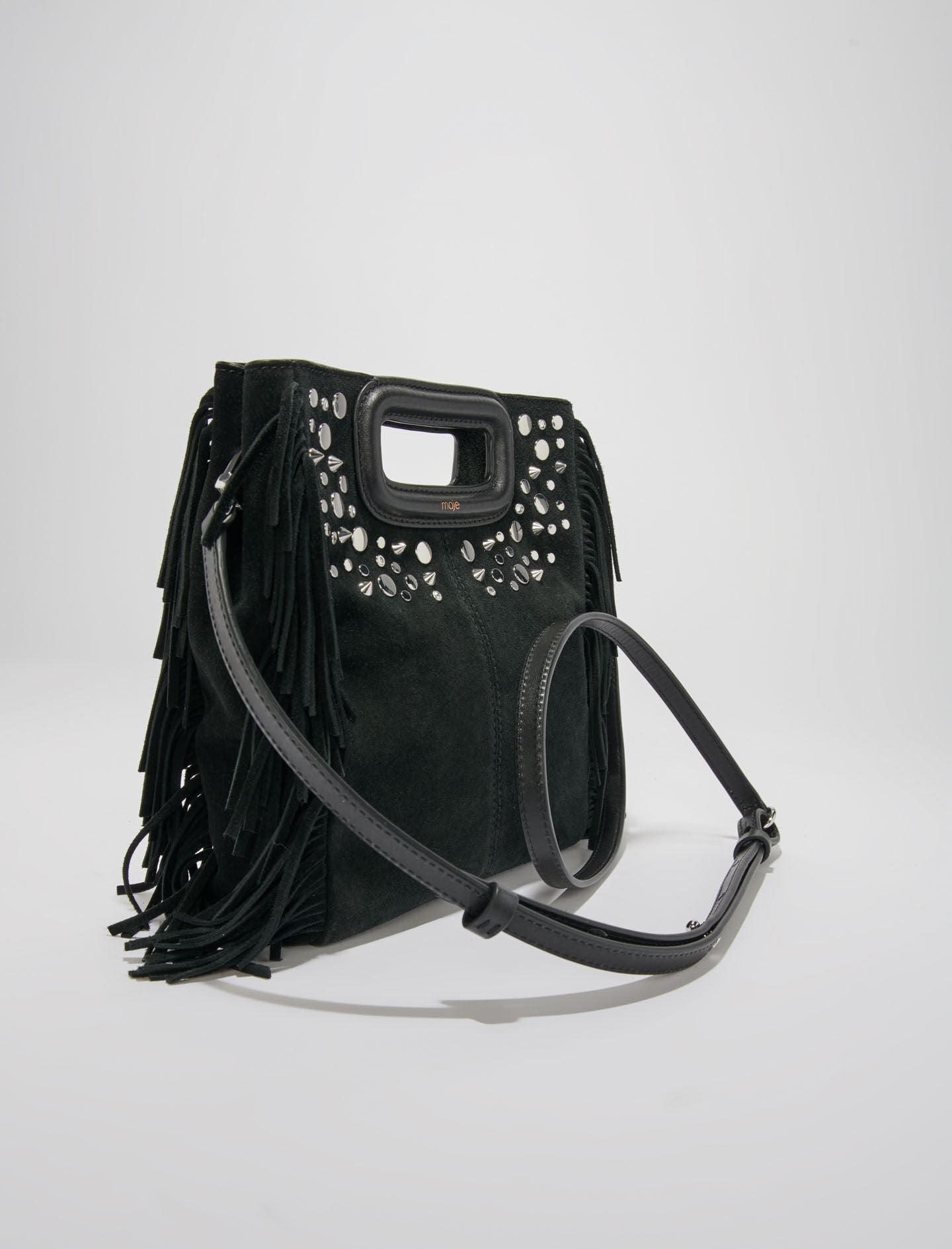 Black-fringed leather m bag