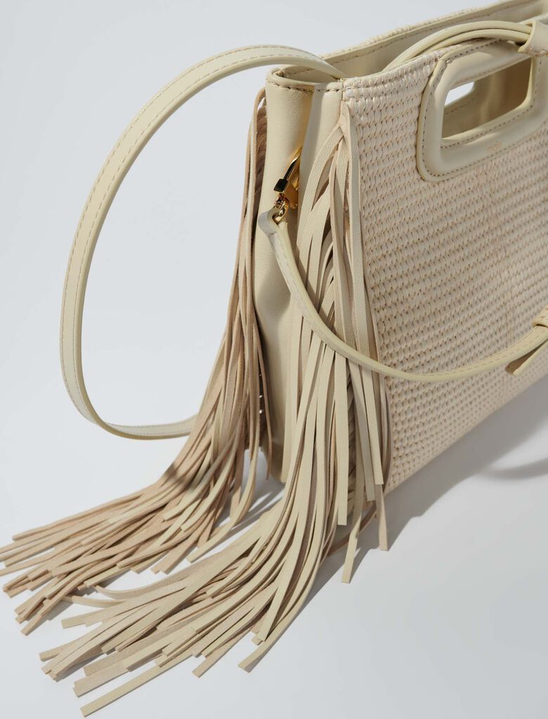 Beige-Textile and raffia M bag