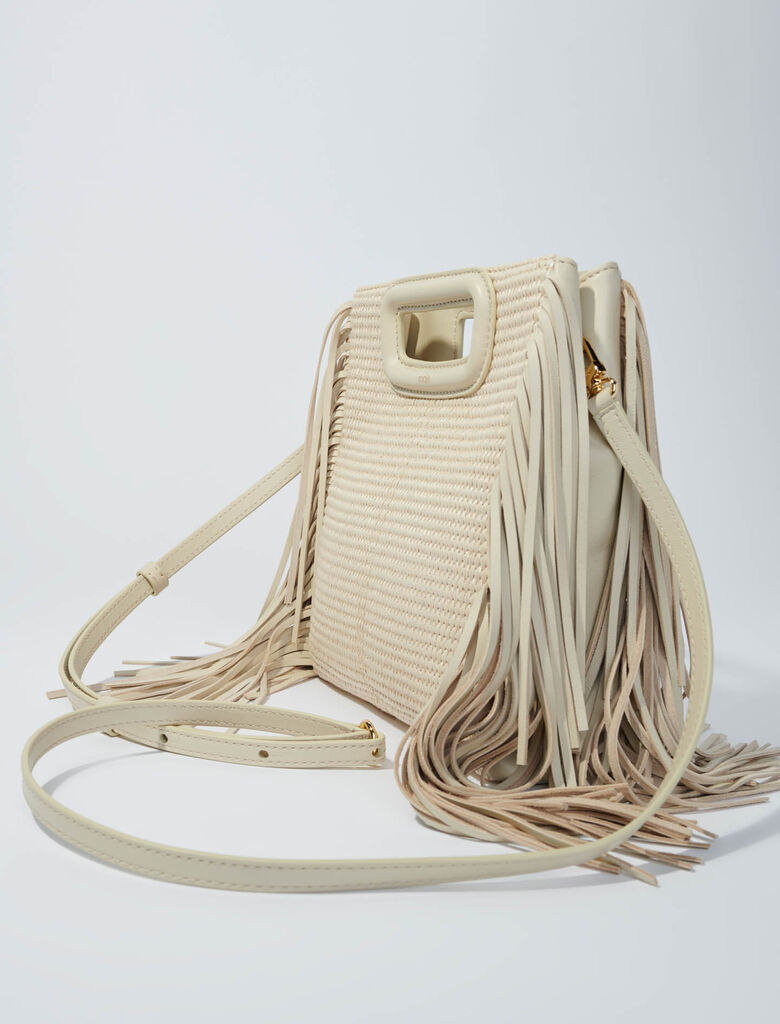 Beige-Textile and raffia M bag