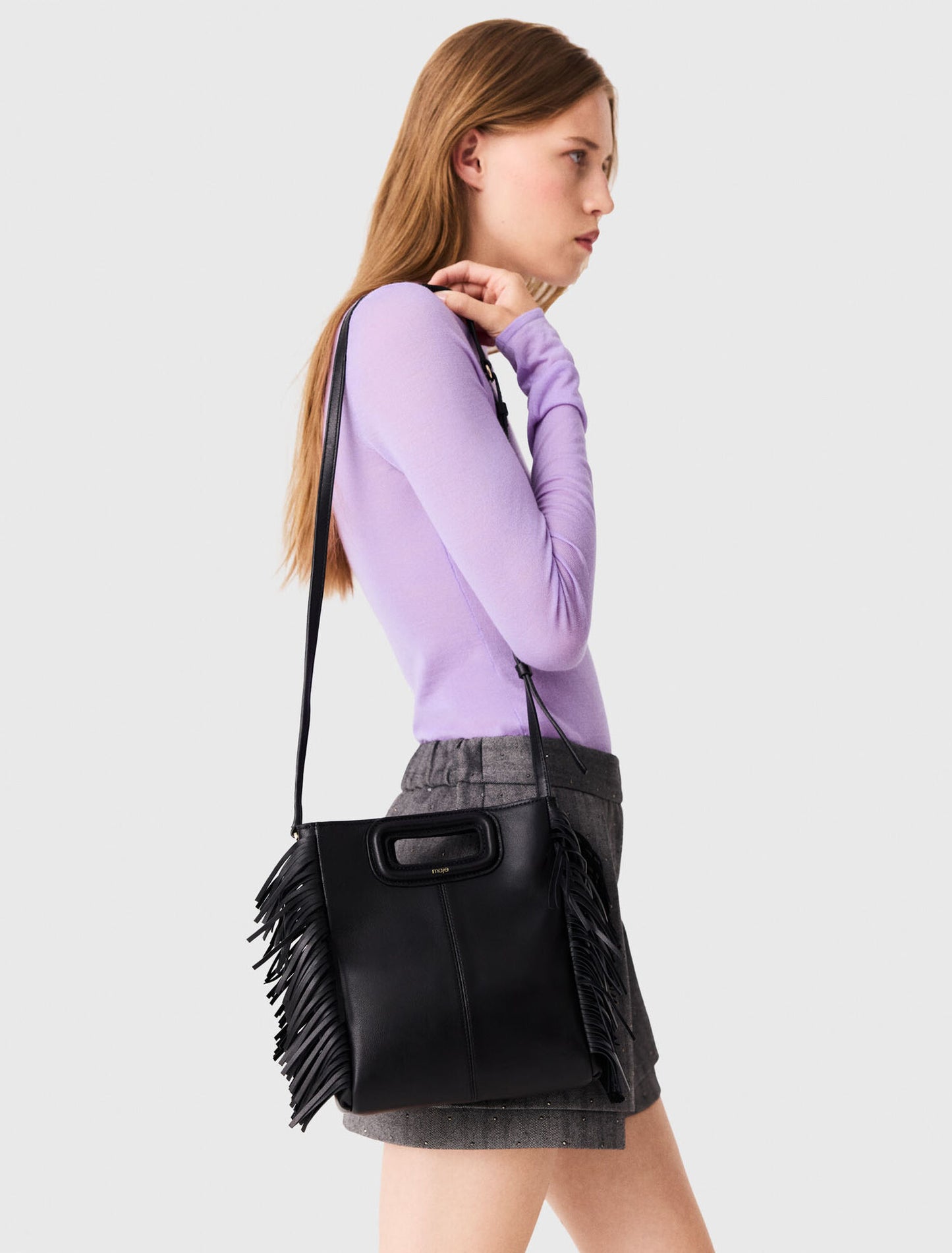 Smooth leather M bag with fringing Black