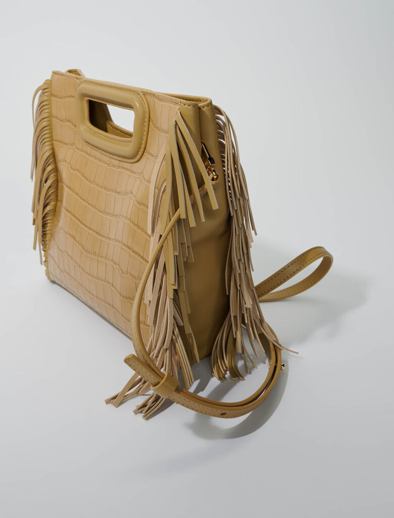Beige-Fringed leather M bag