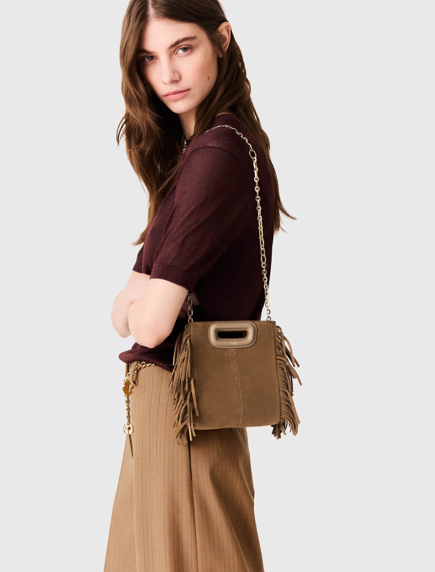 M mini bag in suede leather Camel