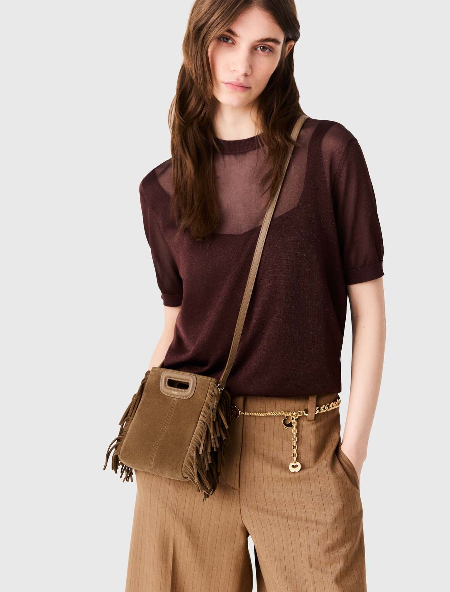 M mini bag in suede leather Camel