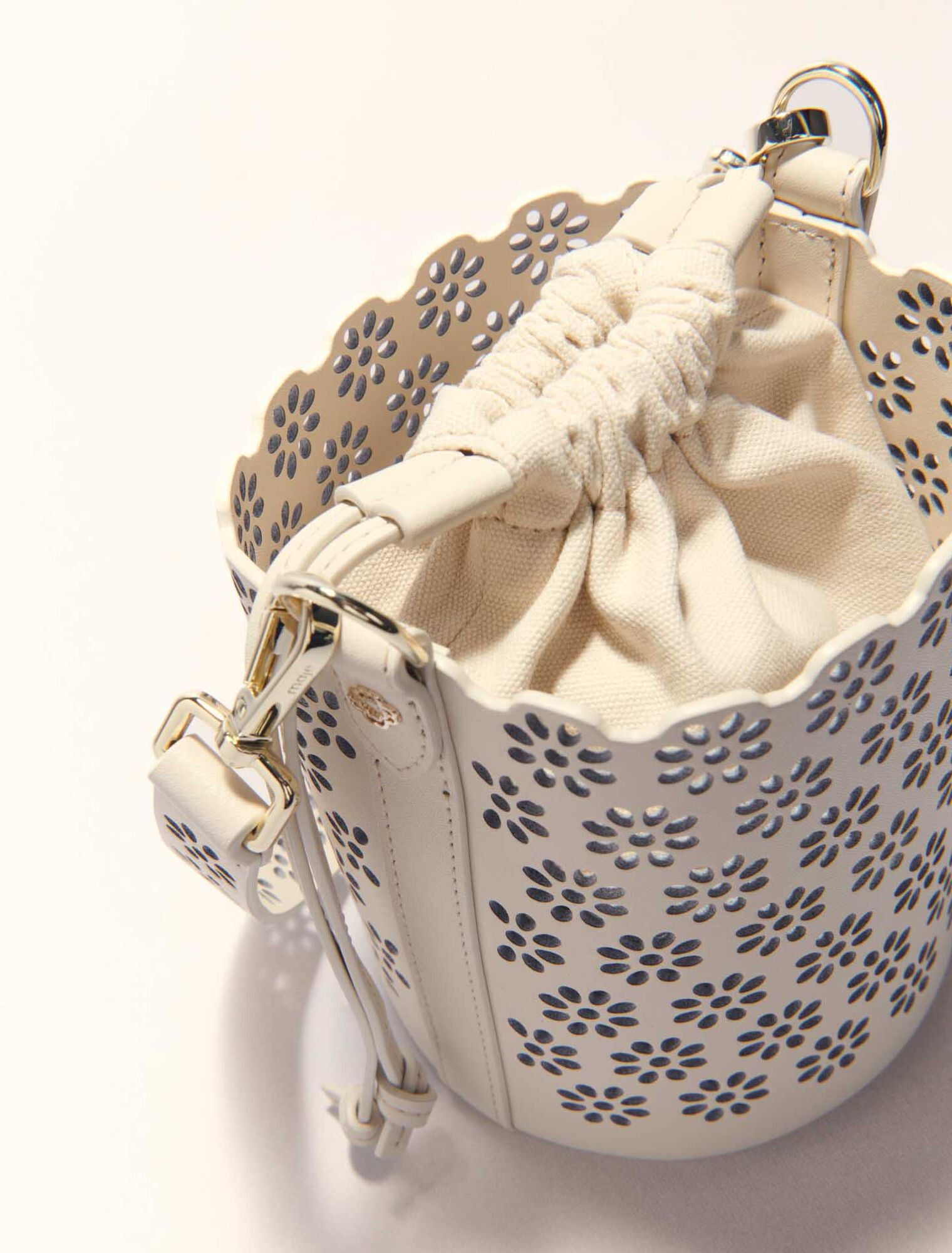 Ecru-Perforated Leather Bucket Bag